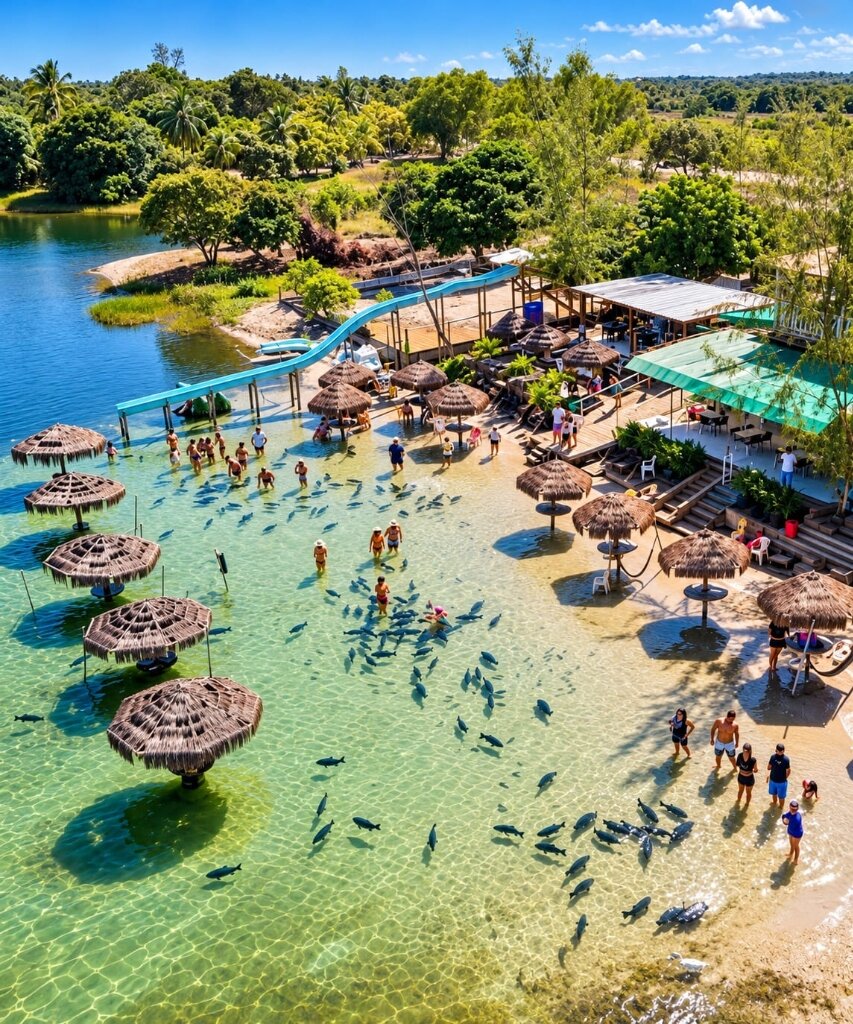 Vista panorâmica da Lagoa dos Tambaquis com quiosques de palha e faixa de areia em Estância, Sergipe
